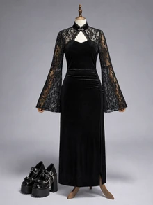 ROMWE Vintage Gothic Plus Size Lace High Neck Velvet Cinched Waist Ruched Slit Slimming Long Sleeve Mermaid Dress Elegant Party Dress Halloween - Black - View 5