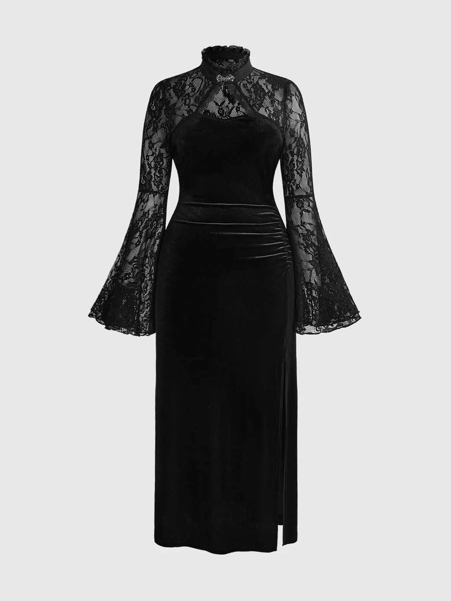 ROMWE Vintage Gothic Plus Size Lace High Neck Velvet Cinched Waist Ruched Slit Slimming Long Sleeve Mermaid Dress Elegant Party Dress Halloween - Black - View 1