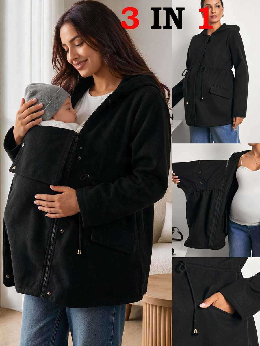 MaterniWear Jaket Menyusui Kasual Berkerudung 3-in-1 untuk Ibu Hamil, Musim Gugur/Musim Dingin - Hitam - View 1