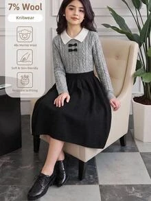 SHEIN Gaun Rajut 2-in-1 Gaya Manis untuk Anak Perempuan, Kerah Warna Kontras, Tekstur Rajut Kabel, Dekorasi Pita, Pinggang Ramping, Gaun Sweater Lengan Panjang A-Line Musim Gugur Musim Dingin - Grey - View 1