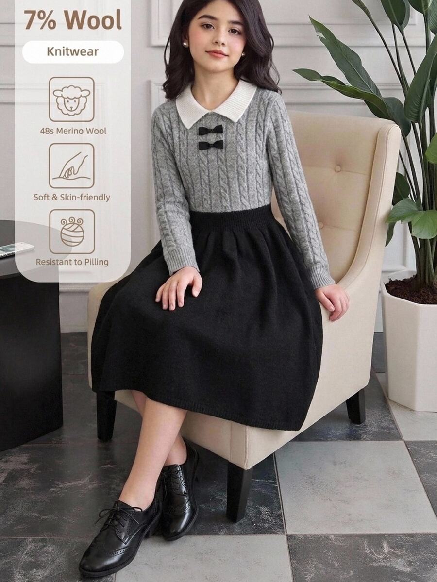 SHEIN Gaun Rajut 2-in-1 Gaya Manis untuk Anak Perempuan, Kerah Warna Kontras, Tekstur Rajut Kabel, Dekorasi Pita, Pinggang Ramping, Gaun Sweater Lengan Panjang A-Line Musim Gugur Musim Dingin - Grey - View 1