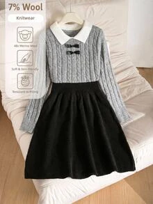 SHEIN Gaun Rajut 2-in-1 Gaya Manis untuk Anak Perempuan, Kerah Warna Kontras, Tekstur Rajut Kabel, Dekorasi Pita, Pinggang Ramping, Gaun Sweater Lengan Panjang A-Line Musim Gugur Musim Dingin - Grey - View 10