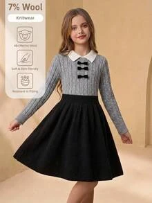 SHEIN Gaun Rajut 2-in-1 Gaya Manis untuk Anak Perempuan, Kerah Warna Kontras, Tekstur Rajut Kabel, Dekorasi Pita, Pinggang Ramping, Gaun Sweater Lengan Panjang A-Line Musim Gugur Musim Dingin - Grey - View 11
