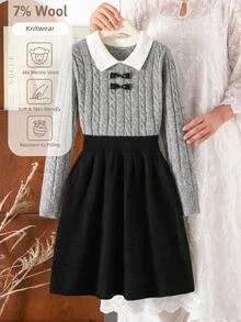 SHEIN Gaun Rajut 2-in-1 Gaya Manis untuk Anak Perempuan, Kerah Warna Kontras, Tekstur Rajut Kabel, Dekorasi Pita, Pinggang Ramping, Gaun Sweater Lengan Panjang A-Line Musim Gugur Musim Dingin - Grey - View 9