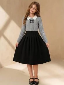 SHEIN Gaun Rajut 2-in-1 Gaya Manis untuk Anak Perempuan, Kerah Warna Kontras, Tekstur Rajut Kabel, Dekorasi Pita, Pinggang Ramping, Gaun Sweater Lengan Panjang A-Line Musim Gugur Musim Dingin - Grey - View 8