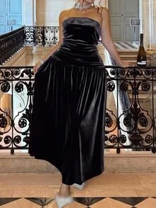 GalTyme Plus Size French Elegant Flocked Pleated Strapless Dress Winter - Black - View 3
