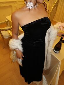 GalTyme Plus Size French Elegant Flocked Pleated Strapless Dress Winter - Black - View 5