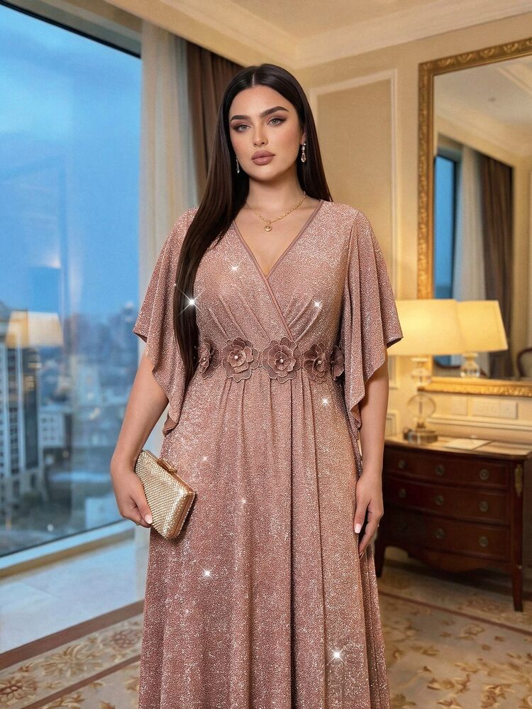 Auveirra Plus Size Women's Elegant Sexy Dress With 3D Floral Decor And Shiny Bell Sleeves Wedding Formal Dinner Dusty Rose Summer - Pink - View 3