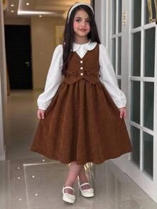 SHEIN Gaun Anak Perempuan Remaja Musim Semi Musim Gugur Musim Dingin Bahan Korduroi Tenun Putih Kerah Peter Pan Lucu Hiasan Pita Ruffle Patchwork Panjang Sedang Warna Khaki 2 Potongan Gaun - Khaki - View 8