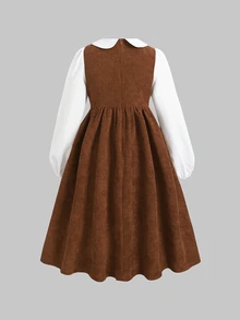 SHEIN Gaun Anak Perempuan Remaja Musim Semi Musim Gugur Musim Dingin Bahan Korduroi Tenun Putih Kerah Peter Pan Lucu Hiasan Pita Ruffle Patchwork Panjang Sedang Warna Khaki 2 Potongan Gaun - Khaki - View 3