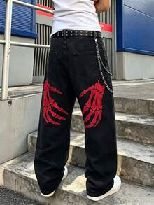 RivetRise 男士 Y2K 黑色丹寧褲 骷髏與棕櫚樹刺繡設計 寬鬆版型喇叭牛仔褲 嘻哈哥德休閒風 - 黑色 - 查看 1