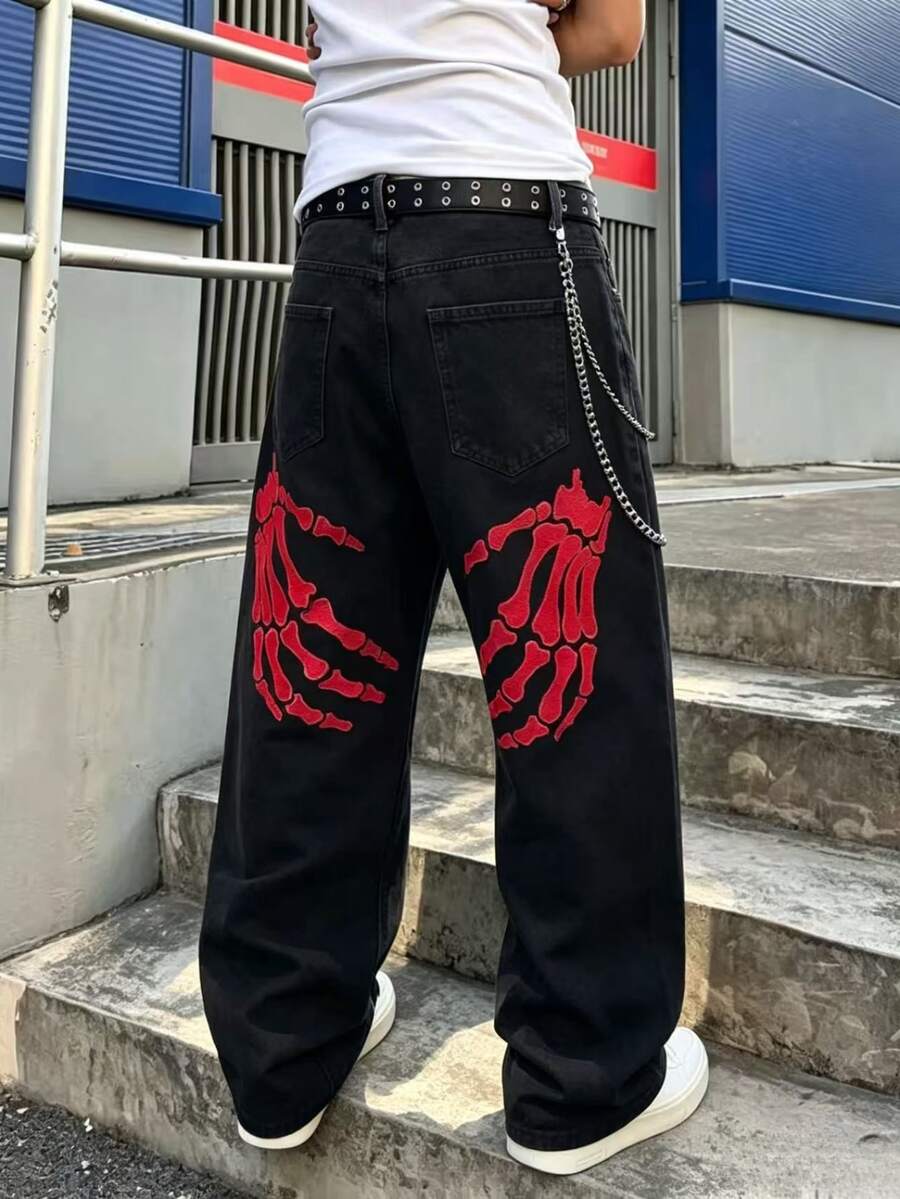 RivetRise 男士 Y2K 黑色丹寧褲 骷髏與棕櫚樹刺繡設計 寬鬆版型喇叭牛仔褲 嘻哈哥德休閒風 - 黑色 - 查看 1