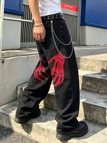 RivetRise 男士 Y2K 黑色丹寧褲 骷髏與棕櫚樹刺繡設計 寬鬆版型喇叭牛仔褲 嘻哈哥德休閒風 - 黑色 - 查看 3