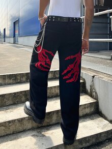 RivetRise 男士 Y2K 黑色丹寧褲 骷髏與棕櫚樹刺繡設計 寬鬆版型喇叭牛仔褲 嘻哈哥德休閒風 - 黑色 - 查看 6