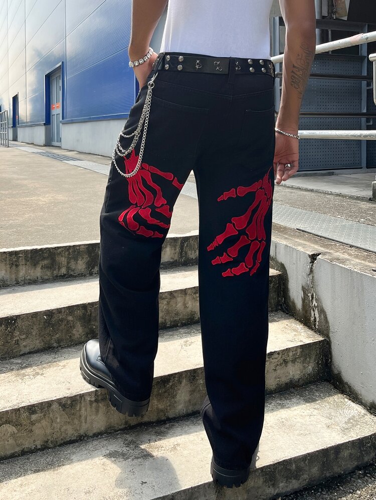 RivetRise Men Y2K Black Denim Pants Skeleton Palm Embroidery Design Loose Fit Bootcut Jeans Hip Hop Goth Casu - Black - View 6