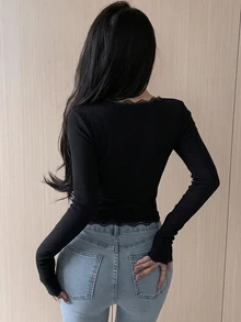 DAZY Women's Casual Solid Color Front Button Cropped T-Shirt Long Sleeve Top - Black - View 2
