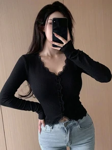 DAZY Women's Casual Solid Color Front Button Cropped T-Shirt Long Sleeve Top - Black - View 7