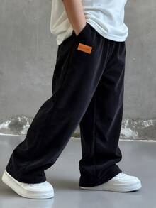 SHEIN Casuvi Kids 青少年寬腿褲，復古美式休閒風，秋冬款，百搭日常穿搭，酷感簡約 - 彩色 - 查看 3