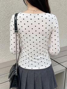 FRIFUL 女款波點蕾絲飾邊百褶休閒日常長袖T恤 - 白色 - 查看 2