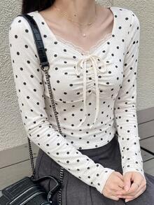 FRIFUL 女款波點蕾絲飾邊百褶休閒日常長袖T恤 - 白色 - 查看 1