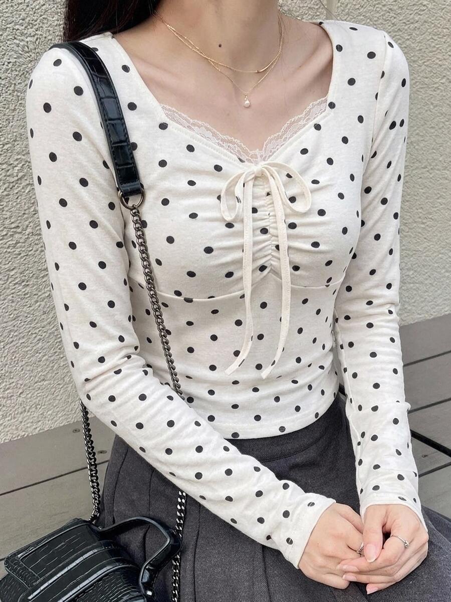 FRIFUL 女款波點蕾絲飾邊百褶休閒日常長袖T恤 - 白色 - 查看 1