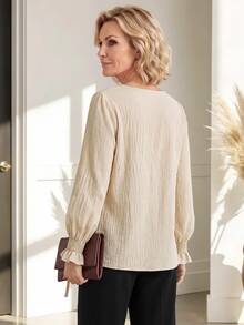 Miaspire Elegant Blouse, Pleated Neck Ruffle Blouse, Textured Natural Work Tops, Creamy Butter Yellow, Long Sleeve Regular Fit, Office Workwear, Fall Wi - Apricot - View 2