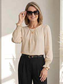 Miaspire Elegant Blouse, Pleated Neck Ruffle Blouse, Textured Natural Work Tops, Creamy Butter Yellow, Long Sleeve Regular Fit, Office Workwear, Fall Wi - Apricot - View 1