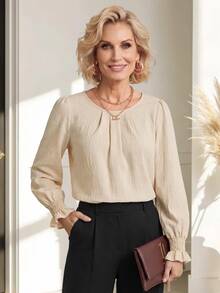 Miaspire Elegant Blouse, Pleated Neck Ruffle Blouse, Textured Natural Work Tops, Creamy Butter Yellow, Long Sleeve Regular Fit, Office Workwear, Fall Wi - Apricot - View 6