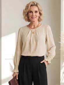 Miaspire Elegant Blouse, Pleated Neck Ruffle Blouse, Textured Natural Work Tops, Creamy Butter Yellow, Long Sleeve Regular Fit, Office Workwear, Fall Wi - Apricot - View 5
