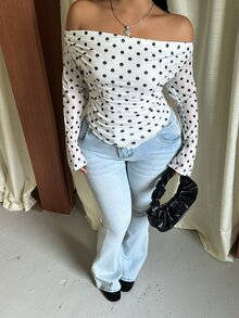 GalTyme Plus Size Women's Off-Shoulder Polka Dot Casual T-Shirt Fall - Black and White - View 5