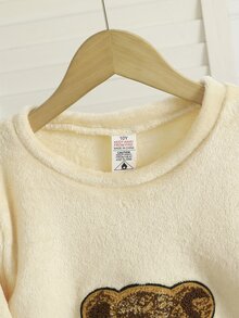 Tween Girl Cartoon Bear Embroidered Crew Neck Top And Pants Lounge Set 2pcs - Beige - View 3