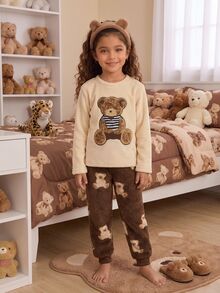 Tween Girl Cartoon Bear Embroidered Crew Neck Top And Pants Lounge Set 2pcs - Beige - View 10