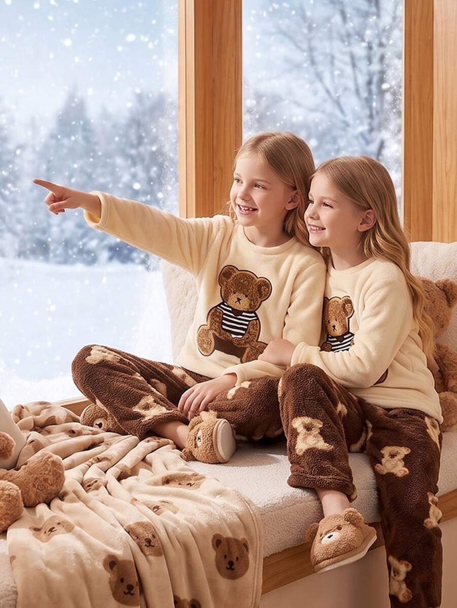 Tween Girl Cartoon Bear Embroidered Crew Neck Top And Pants Lounge Set 2pcs - Beige - View 1