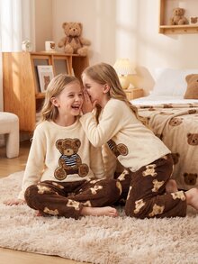 Tween Girl Cartoon Bear Embroidered Crew Neck Top And Pants Lounge Set 2pcs - Beige - View 1