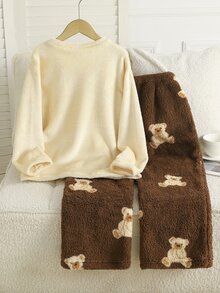 Tween Girl Cartoon Bear Embroidered Crew Neck Top And Pants Lounge Set 2pcs - Beige - View 8