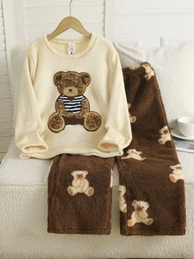 Tween Girl Cartoon Bear Embroidered Crew Neck Top And Pants Lounge Set 2pcs - Beige - View 9