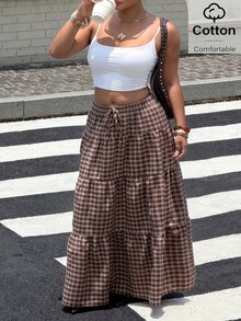 Muchica 大尺碼女款棕色格紋百褶裙，適合休閒波希米亞風、傳統日常穿著、感恩節穿搭、Y2K風格、返校季、秋季 - 棕色 - 查看 3