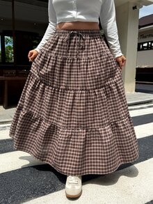 Muchica 大尺碼女款棕色格紋百褶裙，適合休閒波希米亞風、傳統日常穿著、感恩節穿搭、Y2K風格、返校季、秋季 - 棕色 - 查看 6