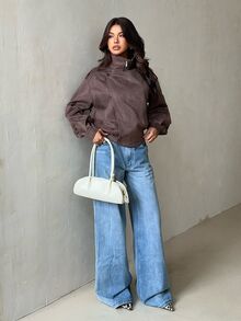 Glamine Vintage Solid Color Casual Zip-Up Stand Collar Loose Streetwear Jacket - Brown - View 7