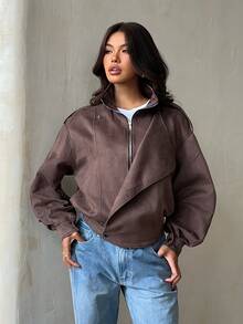 Glamine Vintage Solid Color Casual Zip-Up Stand Collar Loose Streetwear Jacket - Brown - View 3