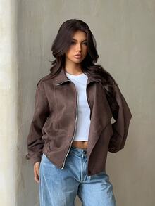 Glamine Vintage Solid Color Casual Zip-Up Stand Collar Loose Streetwear Jacket - Brown - View 4