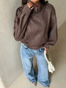 Glamine Vintage Solid Color Casual Zip-Up Stand Collar Loose Streetwear Jacket - Brown - View 6