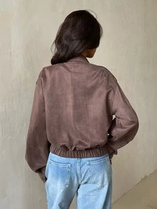 Glamine Vintage Solid Color Casual Zip-Up Stand Collar Loose Streetwear Jacket - Brown - View 2