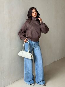 Glamine Vintage Solid Color Casual Zip-Up Stand Collar Loose Streetwear Jacket - Brown - View 5