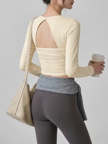 DAZY Women's Solid Color Back Cutout Long Sleeve Sports T-Shirt Fall - Beige - View 8