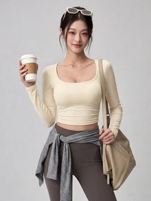DAZY Women's Solid Color Back Cutout Long Sleeve Sports T-Shirt Fall - Beige - View 4