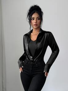 SHEIN Elenzya 女款美拉德棕色緞面襯衫連身衣，翻領深V領，收腰長袖 2 合 1 打底層，適合通勤、辦公室、內搭，成熟優雅風格，約會穿搭 - 黑色 - 查看 6