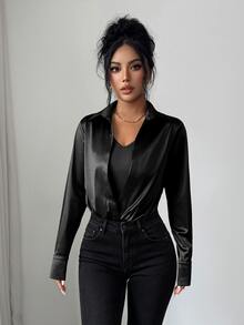 SHEIN Elenzya 女款美拉德棕色緞面襯衫連身衣，翻領深V領，收腰長袖 2 合 1 打底層，適合通勤、辦公室、內搭，成熟優雅風格，約會穿搭 - 黑色 - 查看 4
