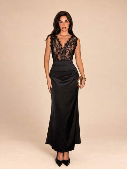 SHEIN Glamour Elegant Women's Black All-Season Evening Gown, Sleeveless Backless Slit Satin Embroidered Lace Trim Fitted Bridesmaid Wedding Guest Party Dress
