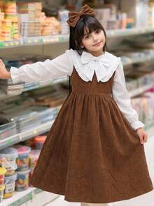 SHEIN Tween Gir Long Sleeve Colorblock Cinching Waist Bow Exaggerated Large White Ruffle Collar Long Blue Dress Autumn/Winter - Blue - View 4